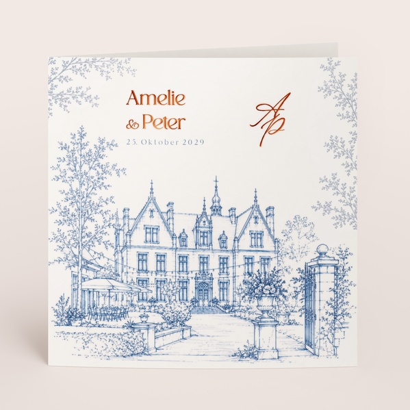 Quadratische romantische Hochzeitseinladung mit Schlossillustration TA0110-2600067-07-0