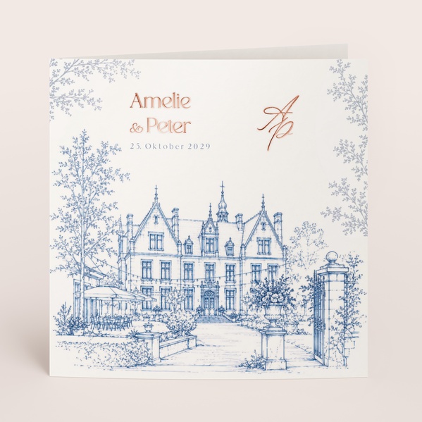 Quadratische romantische Hochzeitseinladung mit Schlossillustration TA0110-2600067-07-0
