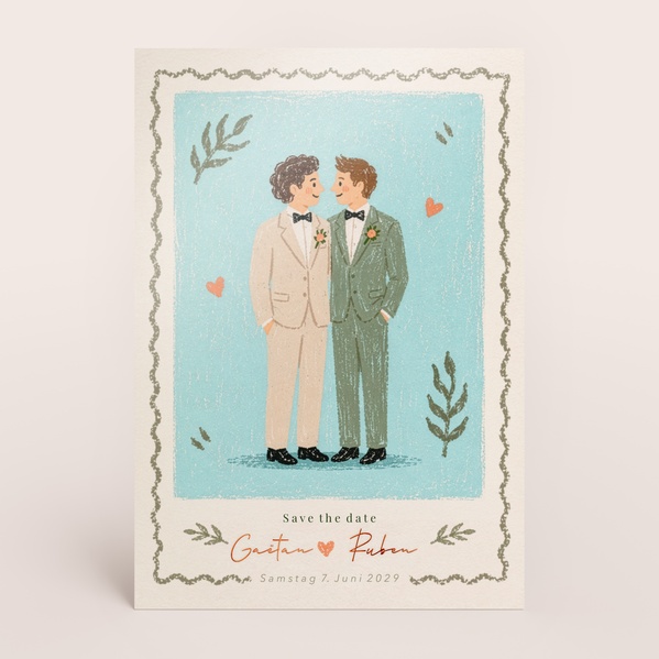 Vintage-Hochzeitseinladung im Briefmarken-Look mit Brautpaar-Zeichnung TA0110-2600075-07-0