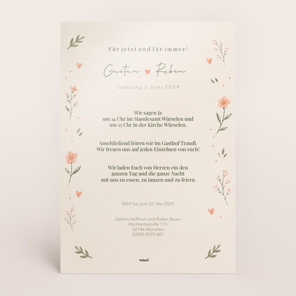 Vintage-Hochzeitseinladung im Briefmarken-Look mit Brautpaar-Zeichnung TA0110-2600075-07-1