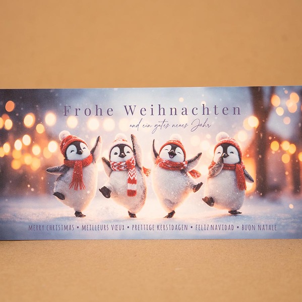 Internationale Weihnachtskarte geschäftlich mit vier lustigen Pinguinen TA1187-2600003-07-100