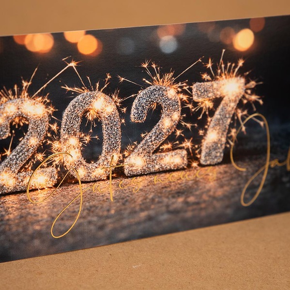 Weihnachtskarte geschäftlich mit funkelnder Jahreszahl 2027 und Goldfolie TA1187-2600006-07-100