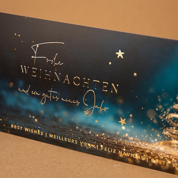 Firmen Weihnachtskarte international mit magischem Tannenbaum und Goldfolie TA1187-2600030-07-100