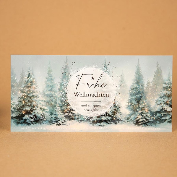 Firmen Weihnachtskarte international mit Schneekugel, Tannenbäumen und Goldfolie TA1187-2600031-07-100