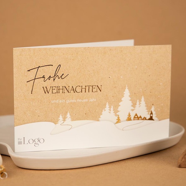 Weihnachtskarte geschäftlich in Eco-Optik mit Winterlandschaft und Goldfolie TA1187-2600032-07-100