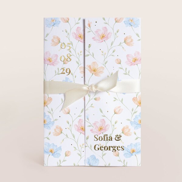 hochzeitskarte im hochformat mit theaterfalz blumenmotiv goldfolie und band TA0110-2600092-07 1