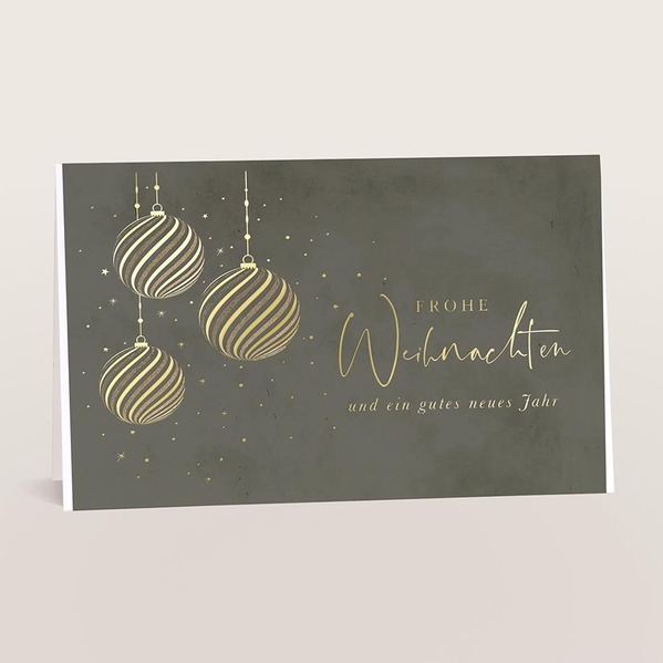 firmen weihnachtskarte in graugruen mit weihnachtskugeln und goldfolie TA865-019-07 1